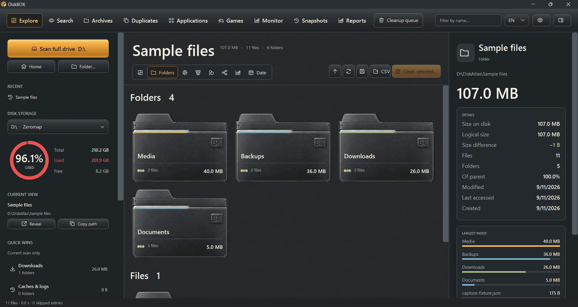 DiskBOX desktop Explore showing measured folder sizes and the selected folder’s full path